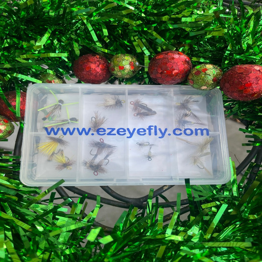 A variety of 16 hand-picked EZEYEFLY fly fishing flies with large eyelets.